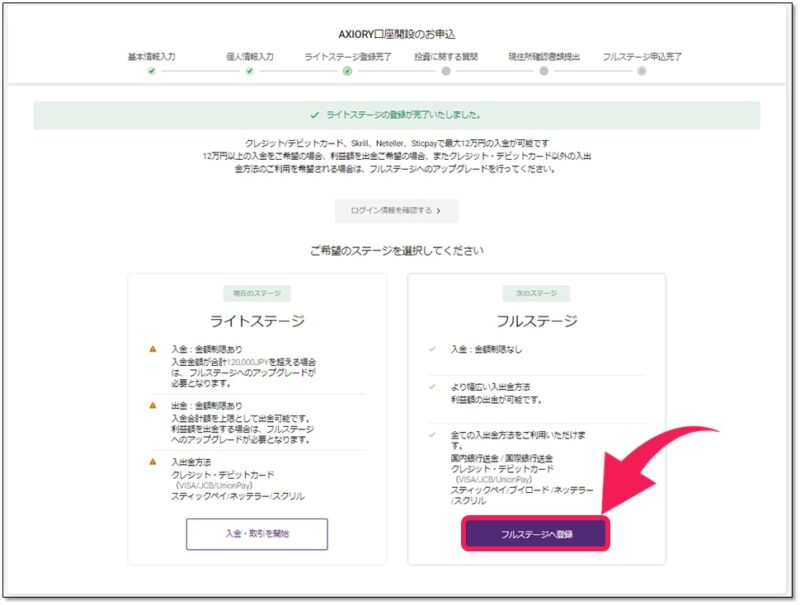 AXIORYの口座をフルステージにアップグレードする